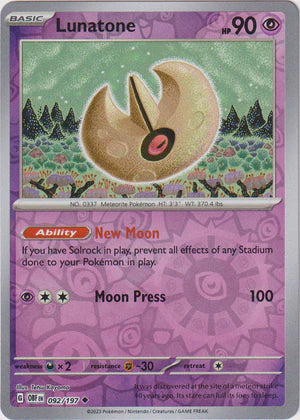 Lunatone - 092/197 UC - Scarlet & Violet Obsidian Flames - Pokemon TCG (Reverse Holo)